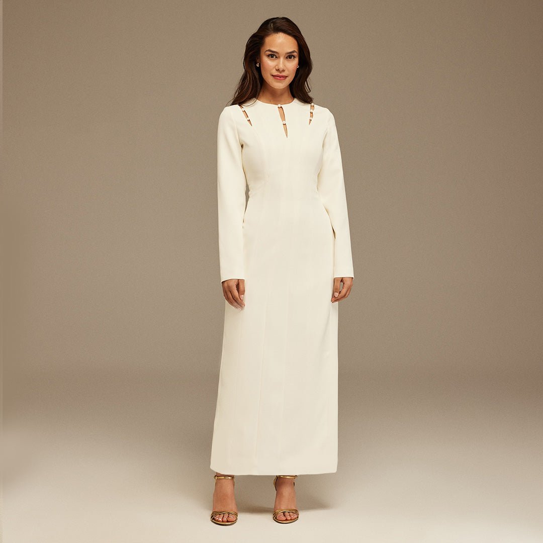 Long - Sleeve Maxi Dress With Intricate Details - shopaleena