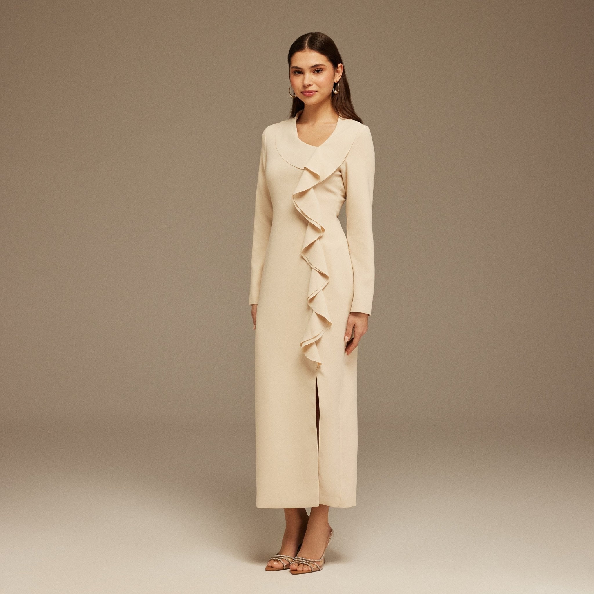 Long Sleeve Midi Dress with Ruffles - shopaleena