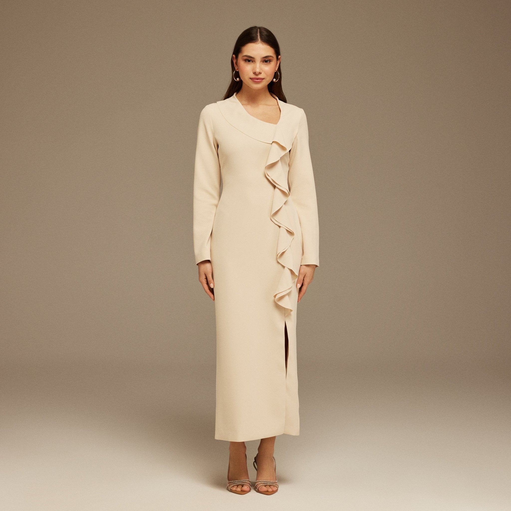 Long Sleeve Midi Dress with Ruffles - shopaleena