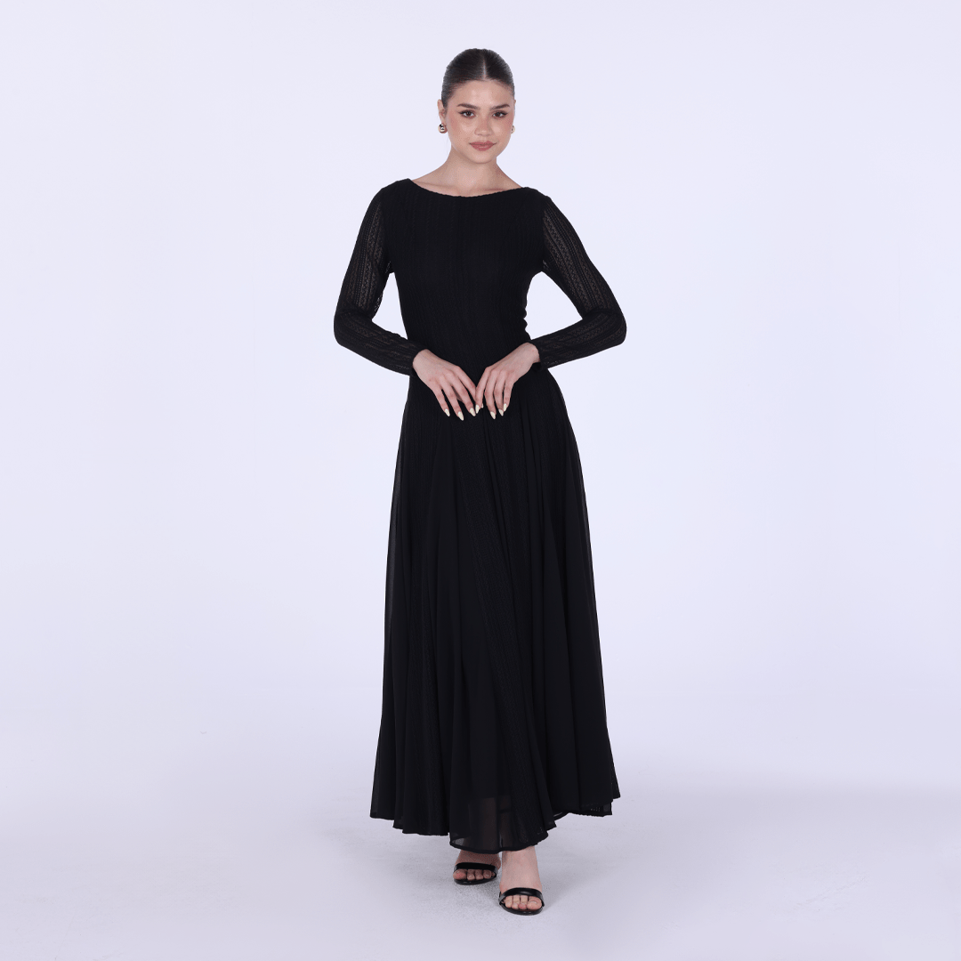Long Sleeve Pleats Aline Skirt Maxi Dress - shopaleena