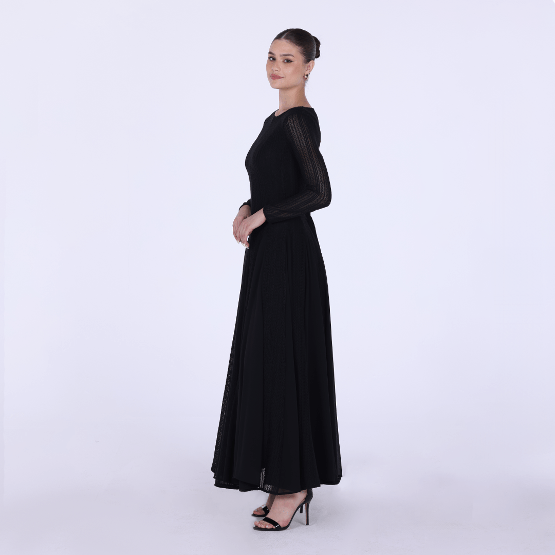 Long Sleeve Pleats Aline Skirt Maxi Dress - shopaleena