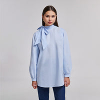 Long Sleeve Tunic Top With Tie Neck - shopaleena