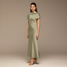Mint Green Draped Neckline Satin Maxi Dress - shopaleena