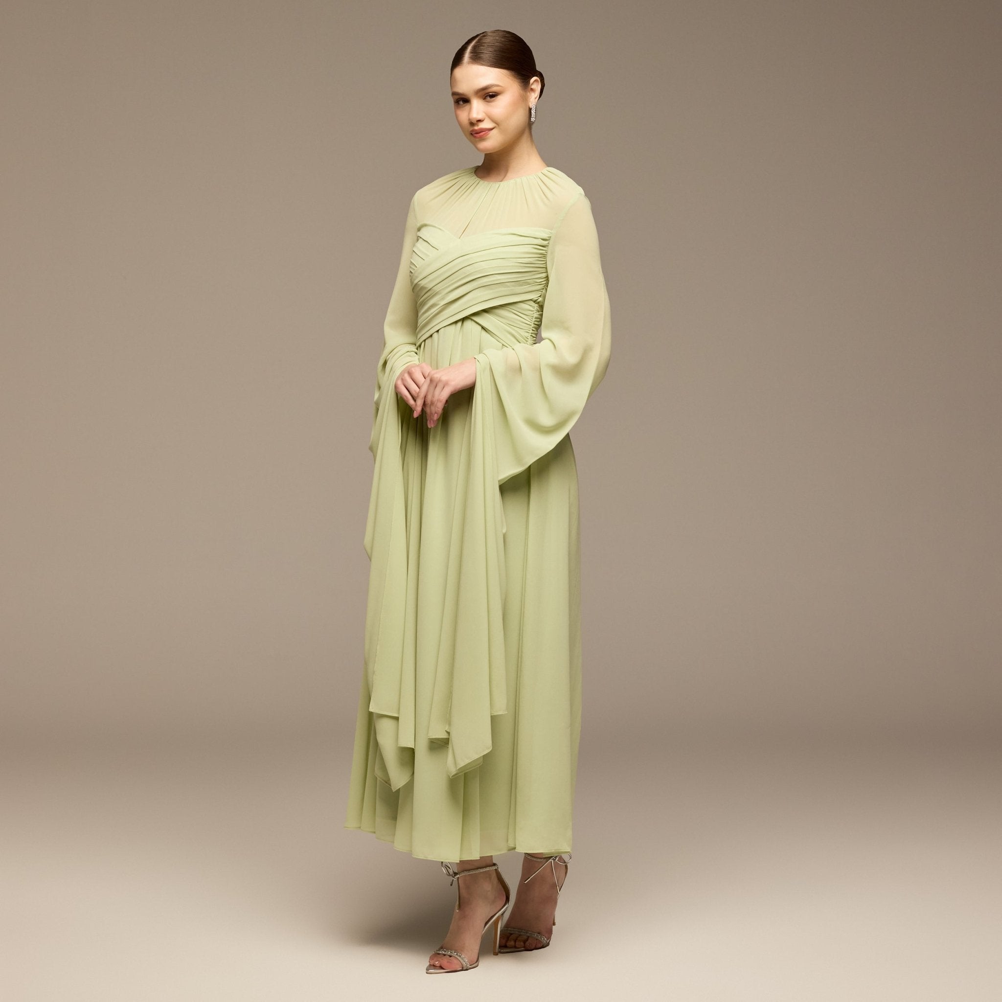 Mint Green Round Gathered - Neck Chiffon Maxi Dress - shopaleena