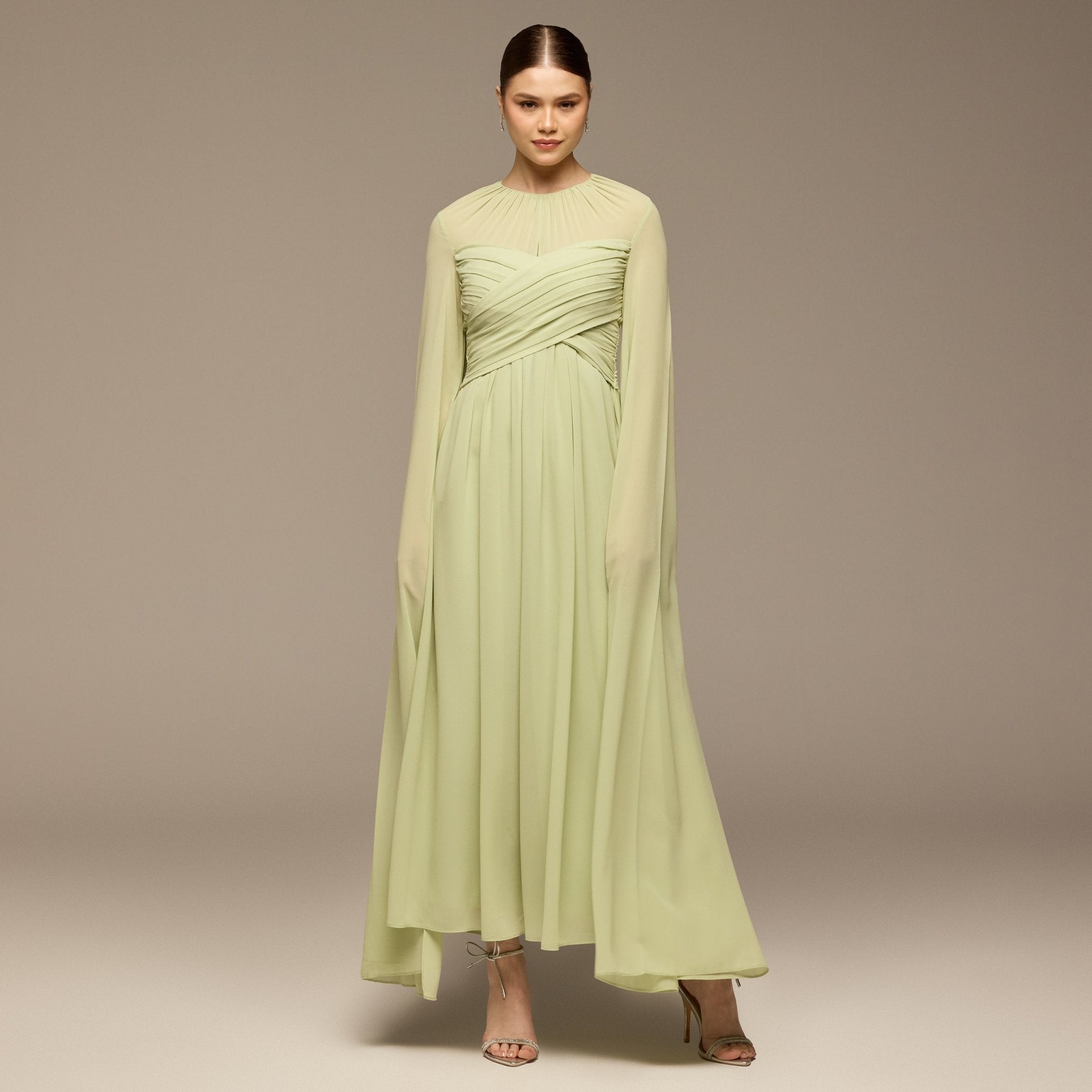Mint Green Round Gathered - Neck Chiffon Maxi Dress - shopaleena