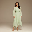 Mint Green Ruched top long sleeve Chiffon Midi Dress - shopaleena