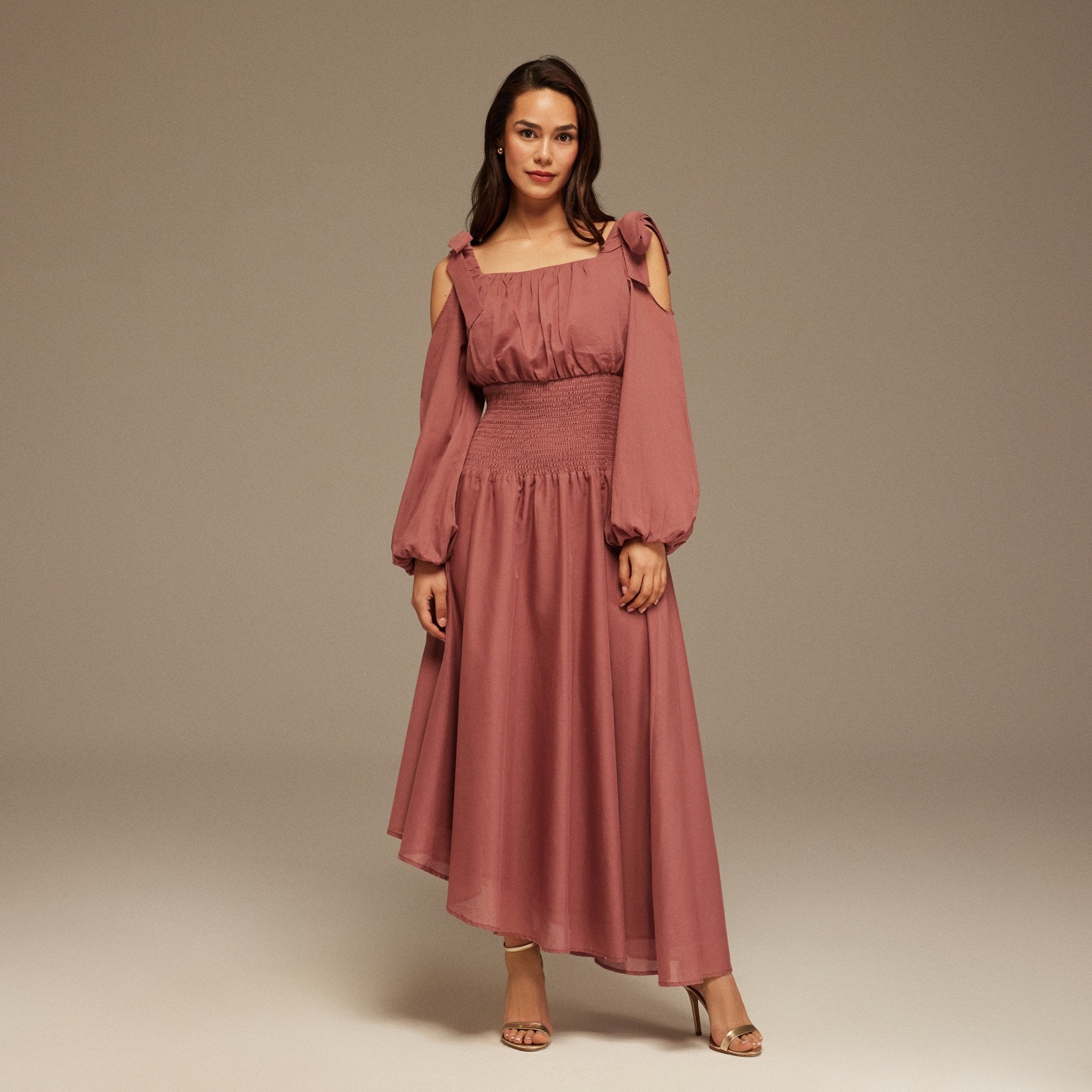 Muted Clay Balloon Long Sleeve With Ruched Waist Midi Dress - shopaleena