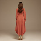 Muted Clay Boat Neckline Long Sleeve Chiffon Dress - shopaleena