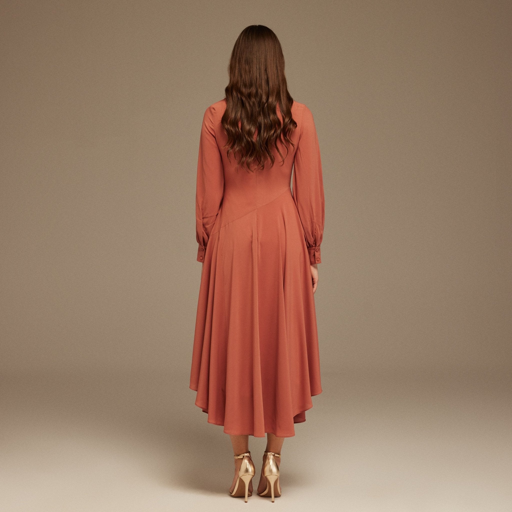 Muted Clay Boat Neckline Long Sleeve Chiffon Dress - shopaleena