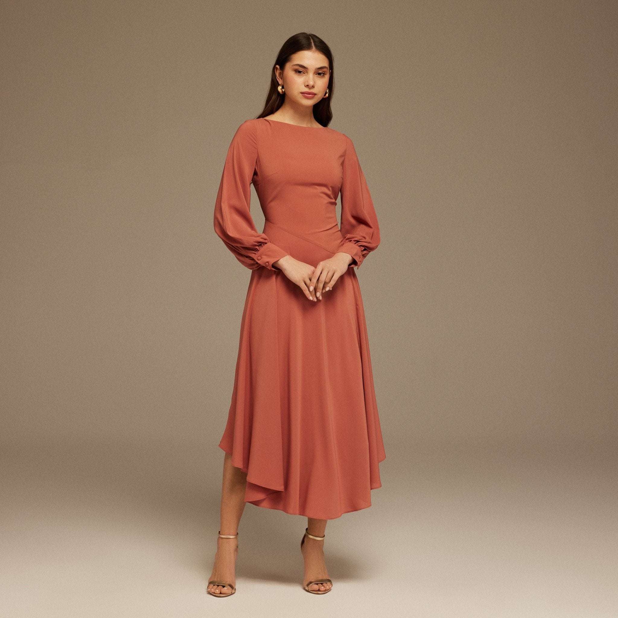 Muted Clay Boat Neckline Long Sleeve Chiffon Dress - shopaleena