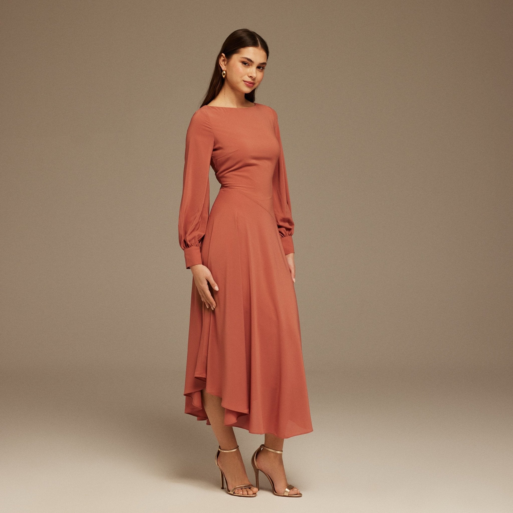 Muted Clay Boat Neckline Long Sleeve Chiffon Dress - shopaleena