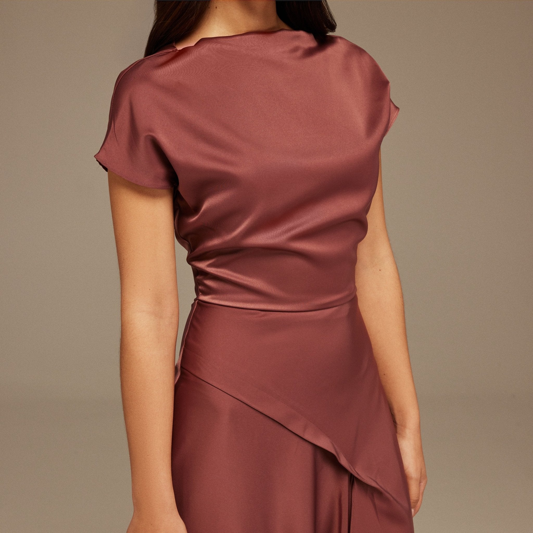 Muted Clay Dropped Sleeve Asymmetric Midi Dress - shopaleena