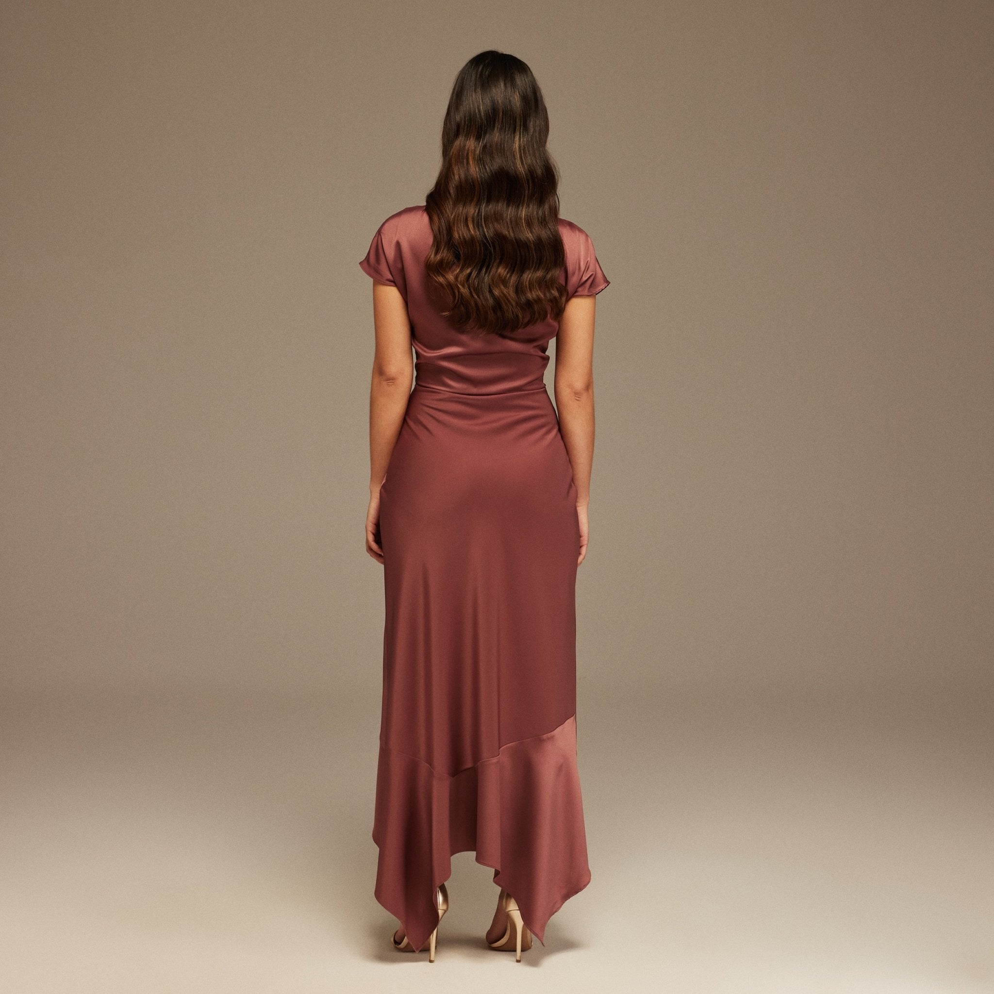 Muted Clay Dropped Sleeve Asymmetric Midi Dress - shopaleena