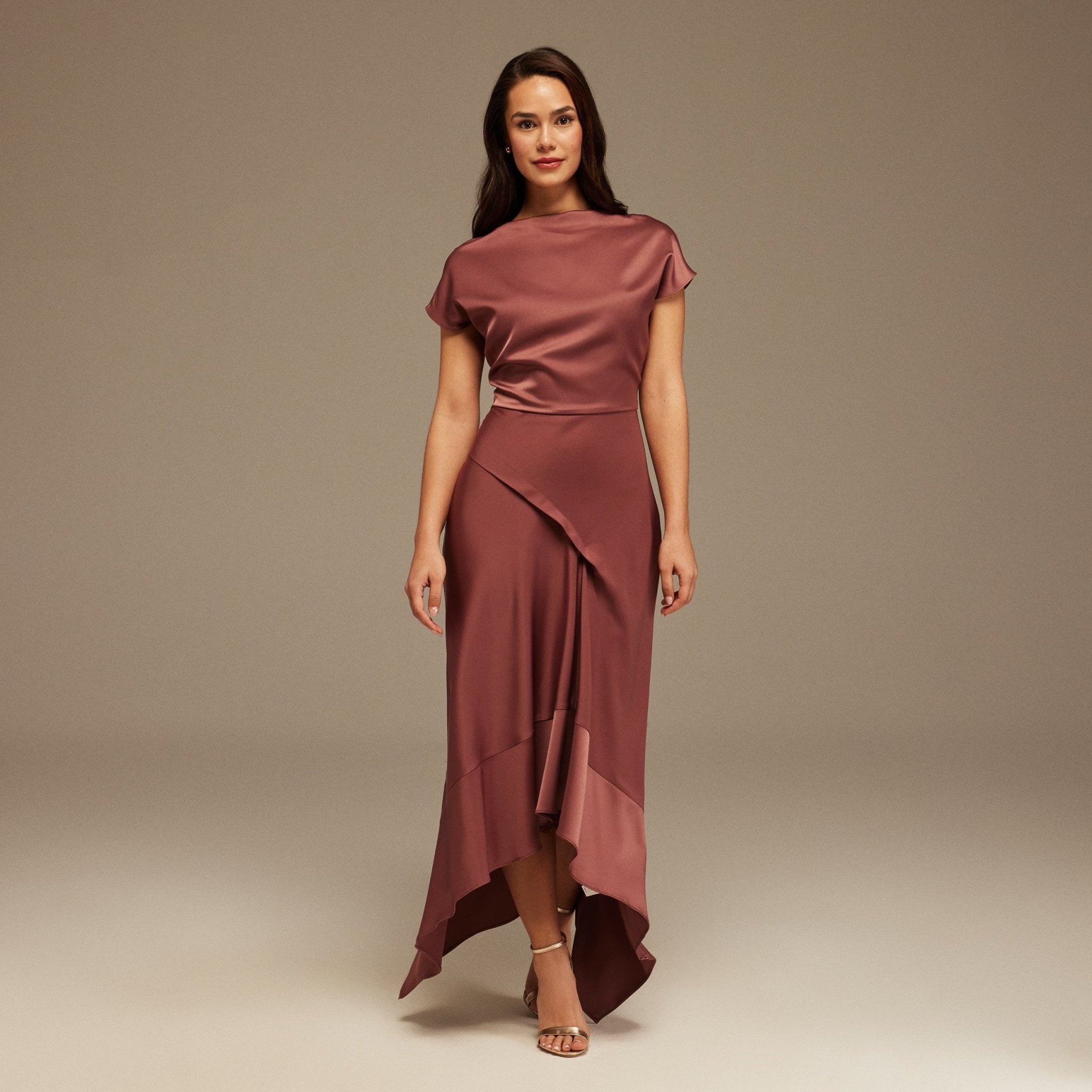 Muted Clay Dropped Sleeve Asymmetric Midi Dress - shopaleena