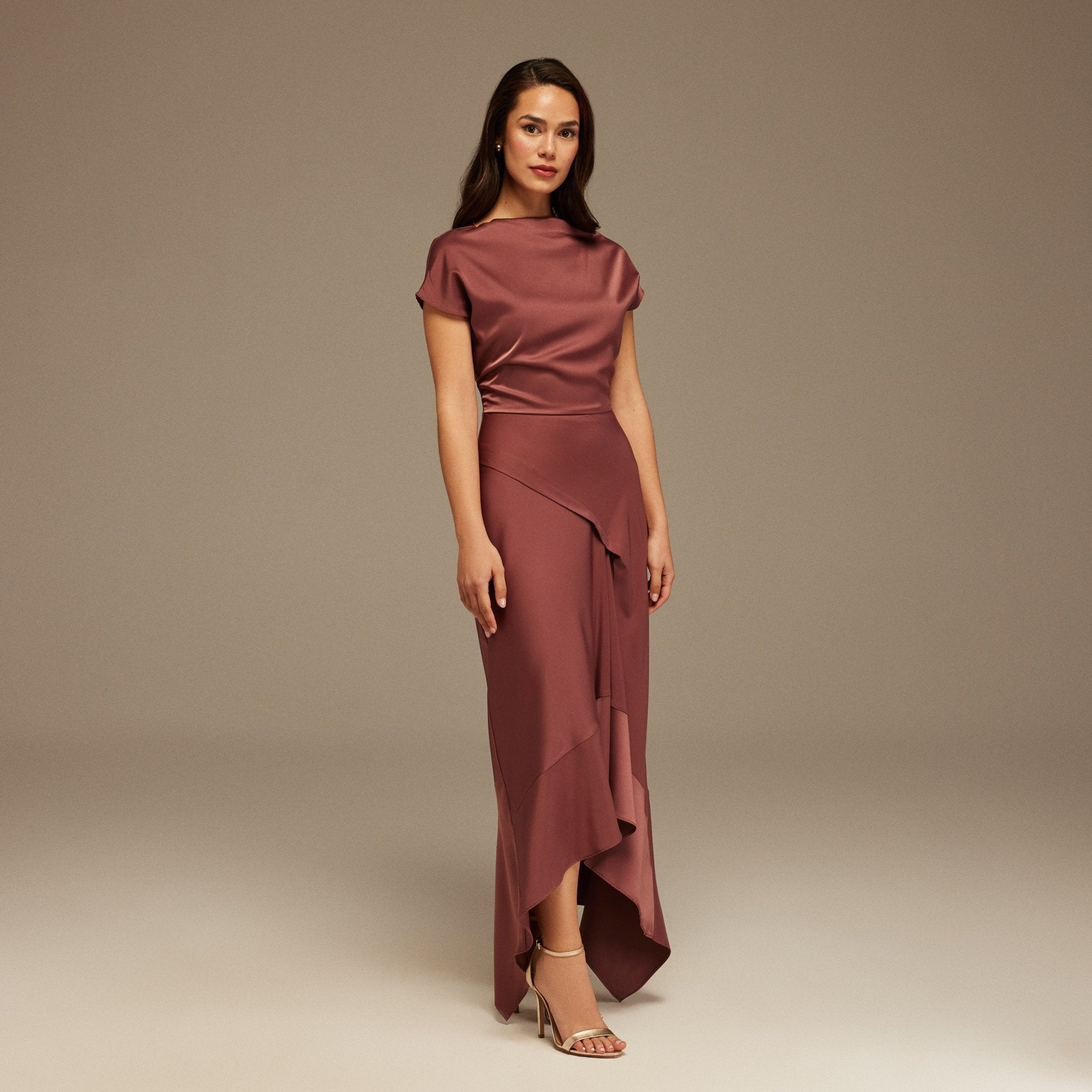 Muted Clay Dropped Sleeve Asymmetric Midi Dress - shopaleena