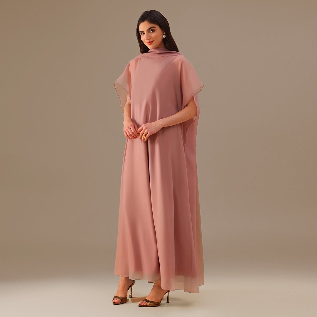 Muted Clay Halter Neckline Maxi Dress With Cape with scarf - shopaleena