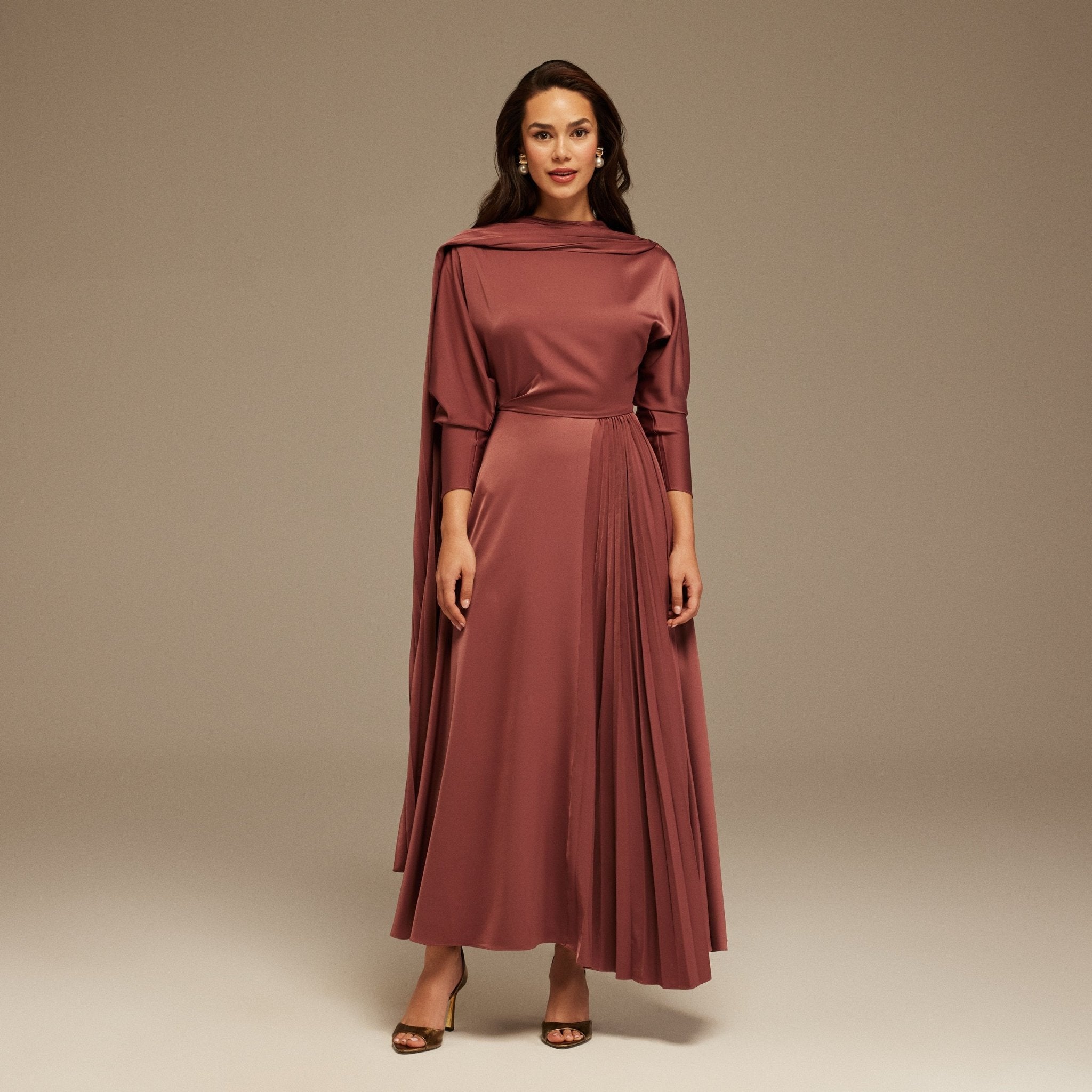 Muted Clay Long Sleeve Midi Dress With Scarf - shopaleena