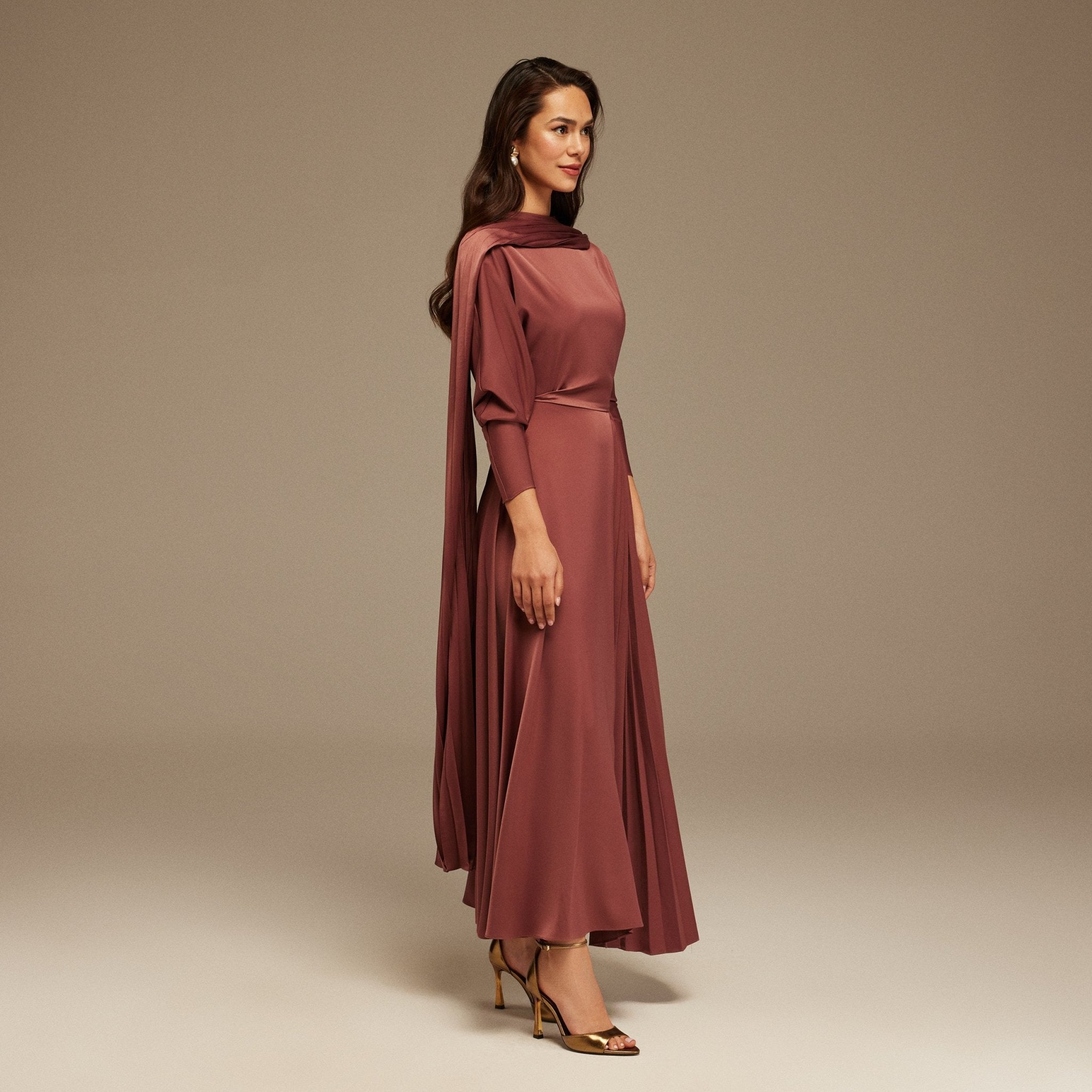 Muted Clay Long Sleeve Midi Dress With Scarf - shopaleena