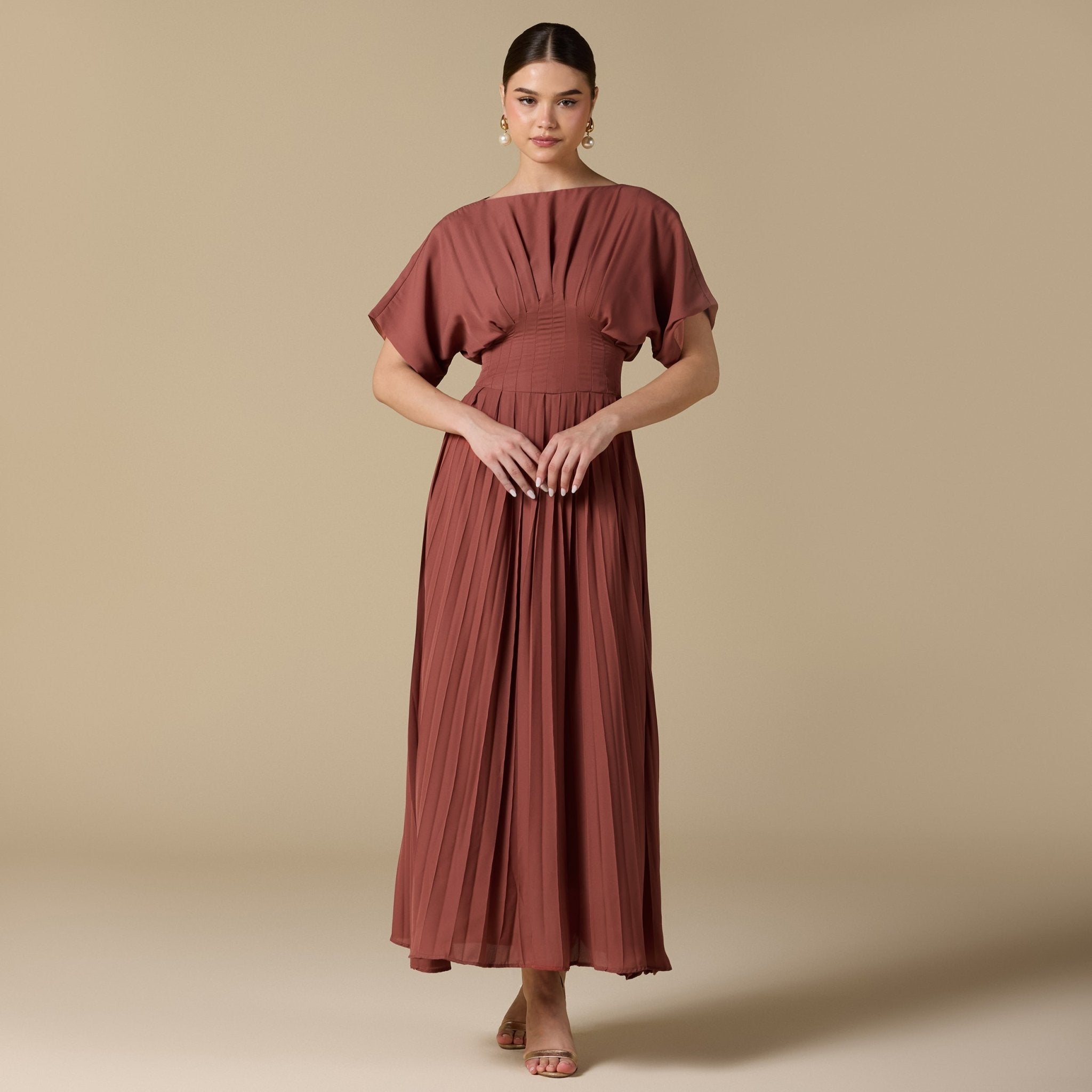 Muted Clay Short Sleeve Maxi Dress With Pleated Skirt - shopaleena