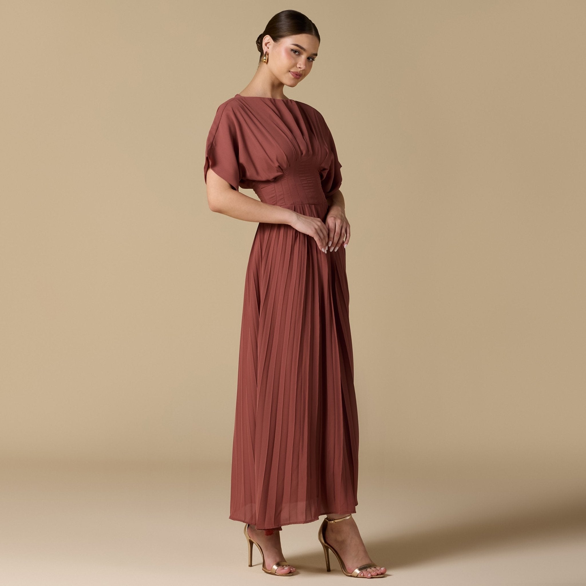 Muted Clay Short Sleeve Maxi Dress With Pleated Skirt - shopaleena