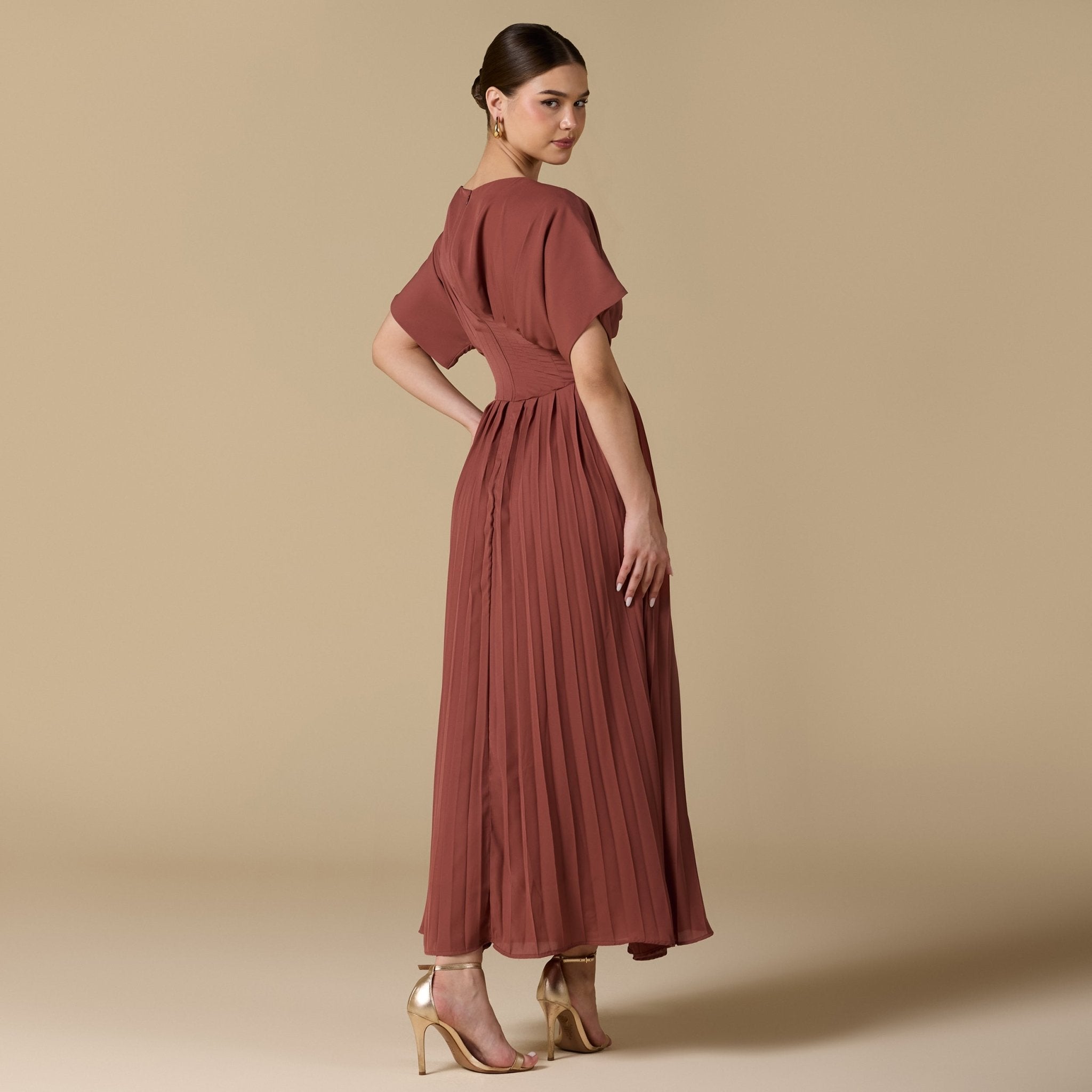 Muted Clay Short Sleeve Maxi Dress With Pleated Skirt - shopaleena