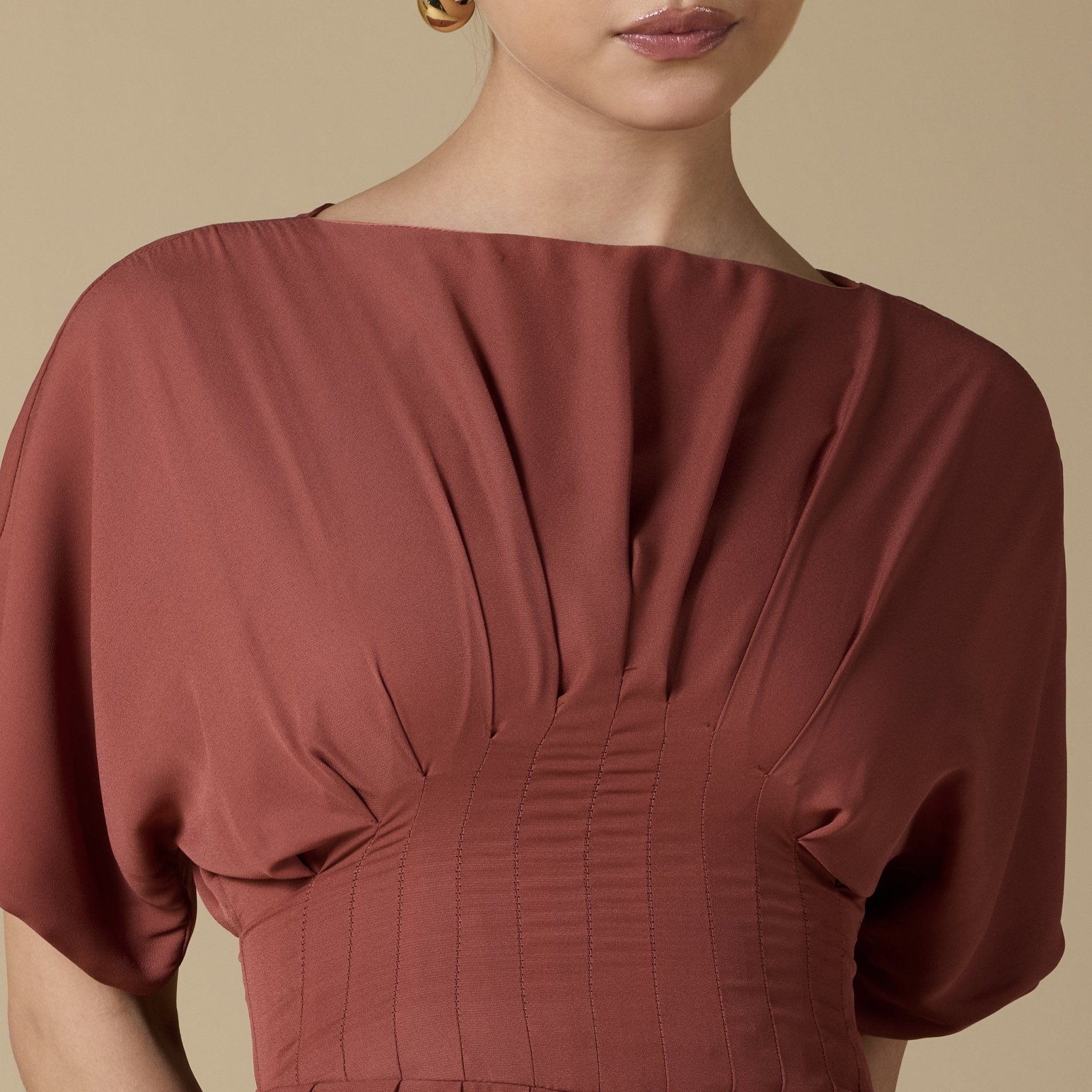 Muted Clay Short Sleeve Maxi Dress With Pleated Skirt - shopaleena