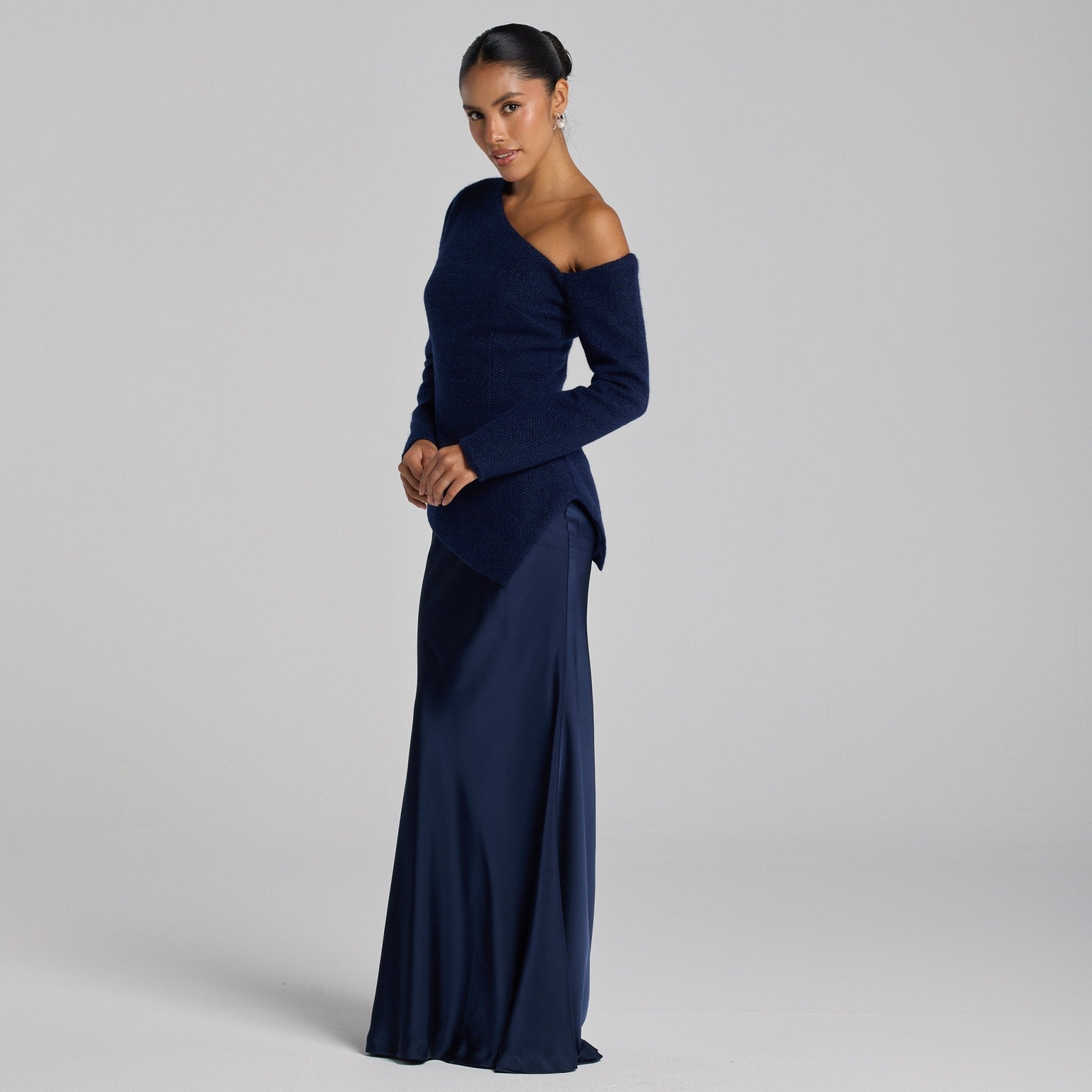 Navy Asymmetric Velvet and Crepe A - Line Dress - shopaleena