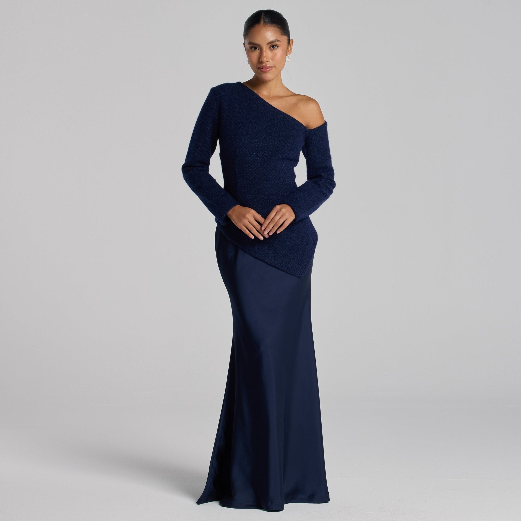 Navy Asymmetric Velvet and Crepe A - Line Dress - shopaleena