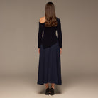 Navy Asymmetric Velvet and Crepe A - Line Dress - shopaleena