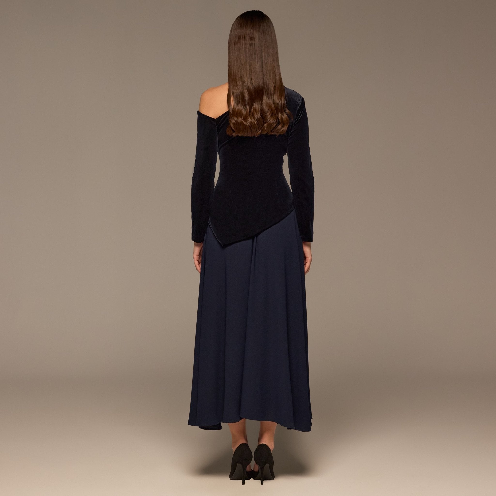 Navy Asymmetric Velvet and Crepe A - Line Dress - shopaleena
