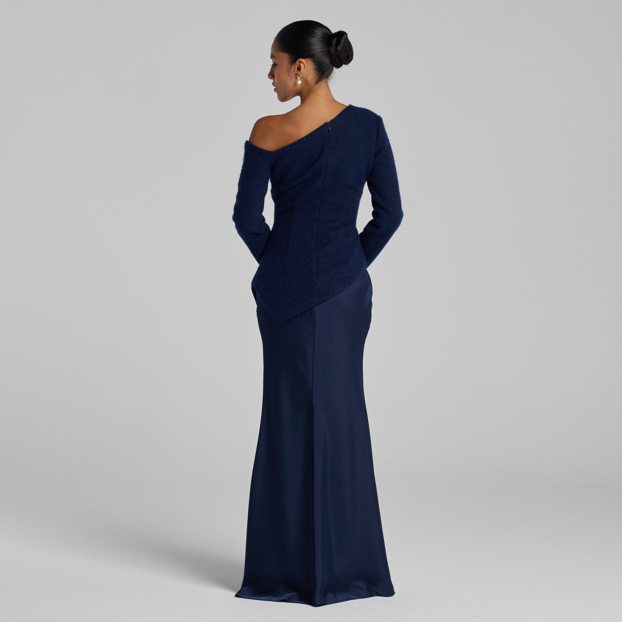 Navy Asymmetric Velvet and Crepe A - Line Dress - shopaleena