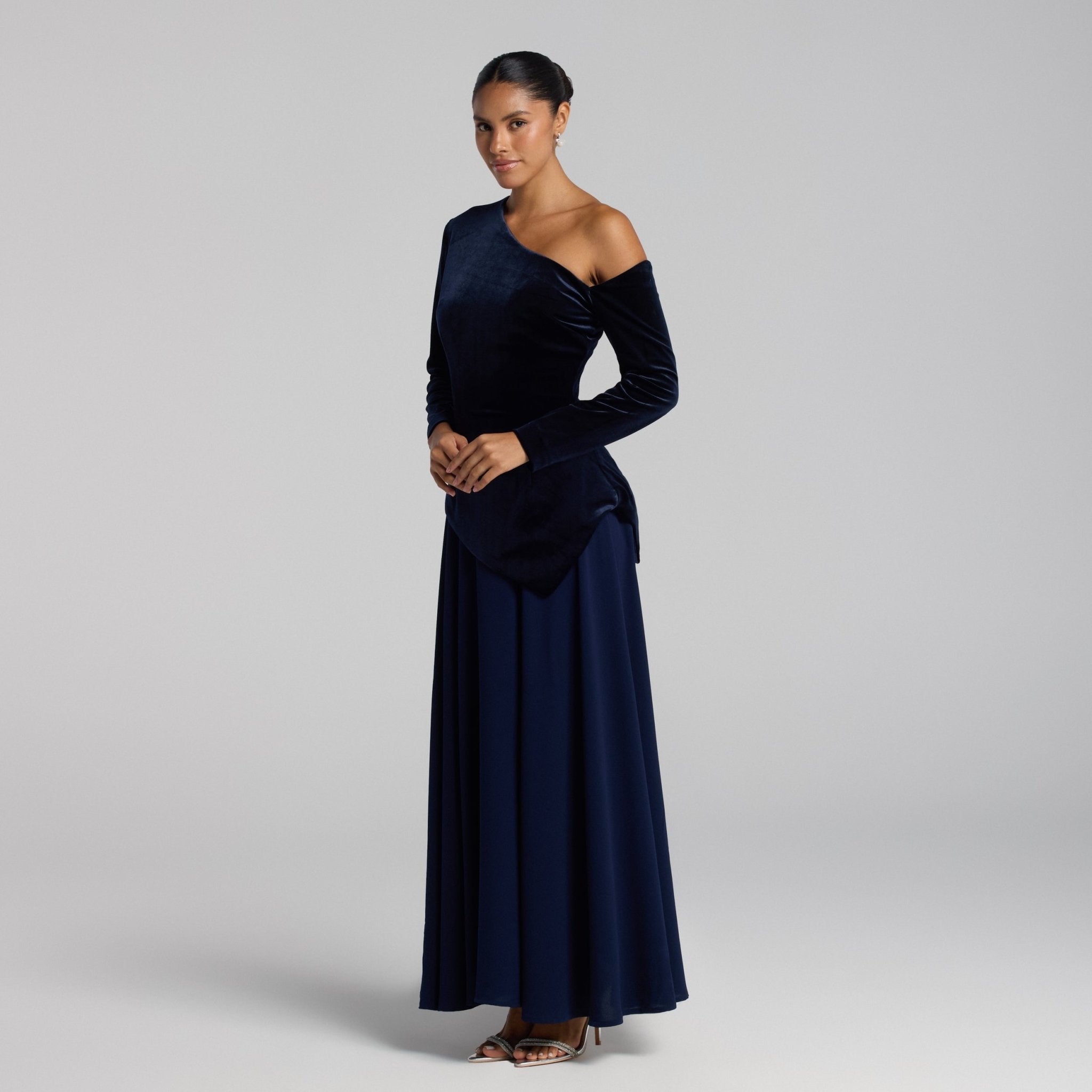 Navy Asymmetric Velvet and Crepe A - Line Dress - shopaleena