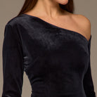 Navy Asymmetric Velvet and Crepe A - Line Dress - shopaleena