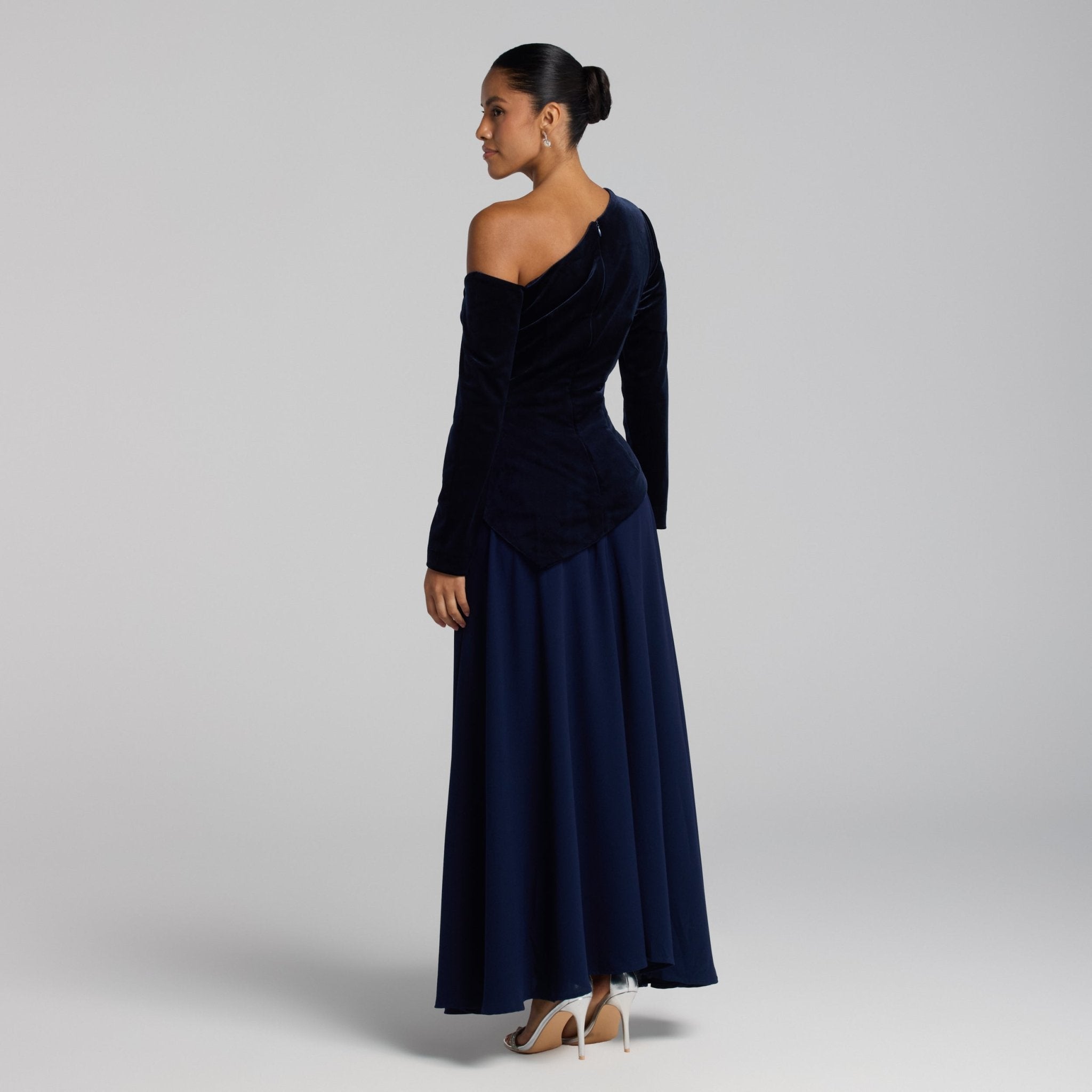 Navy Asymmetric Velvet and Crepe A - Line Dress - shopaleena