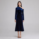 Navy Bare Shoulder Velvet Midi Dress - shopaleena