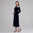 Navy Bare Shoulder Velvet Midi Dress - shopaleena