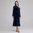 Navy Bare Shoulder Velvet Midi Dress - shopaleena