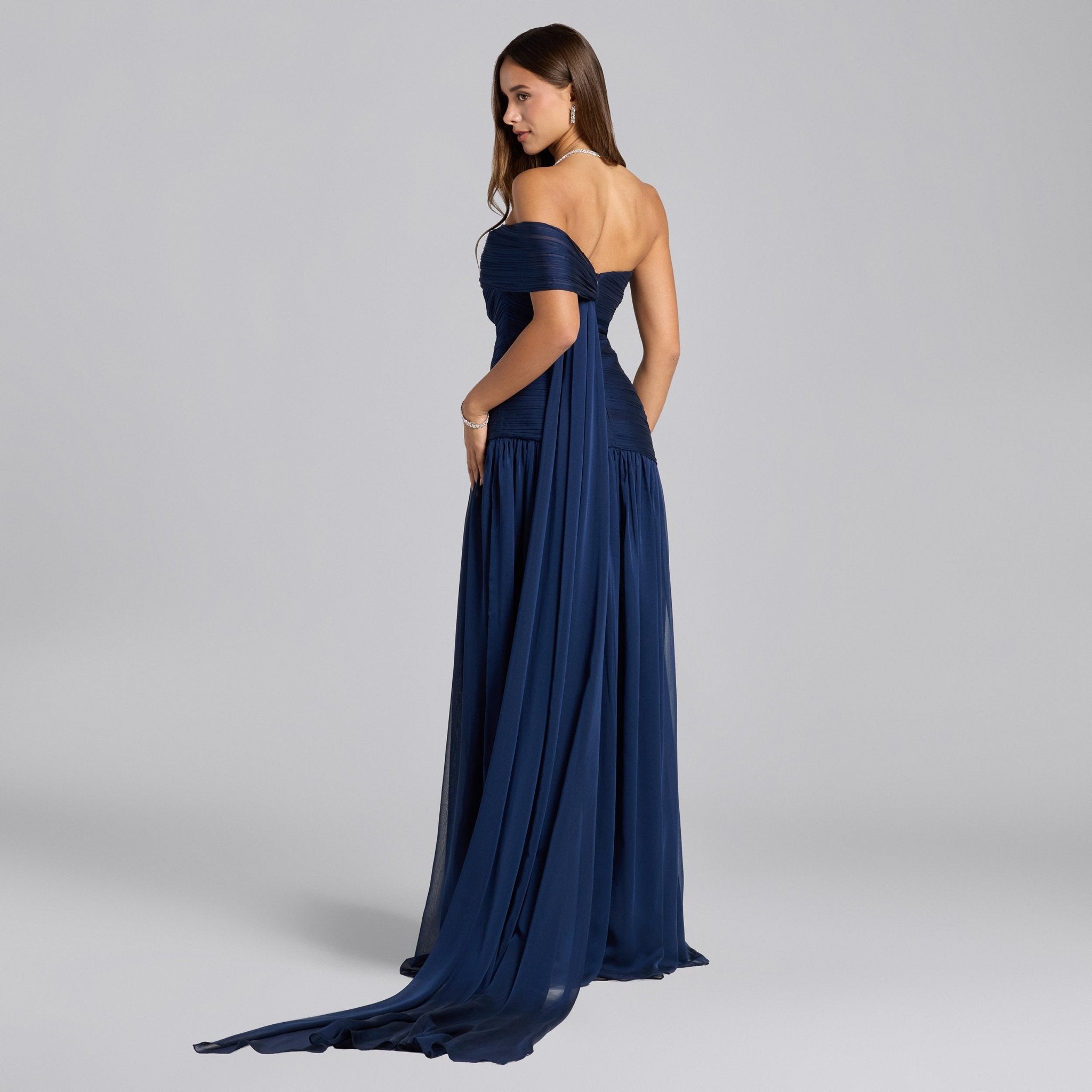Navy Chiffon Ruched Gown with Back Scarf - shopaleena