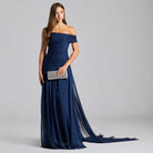 Navy Chiffon Ruched Gown with Back Scarf - shopaleena