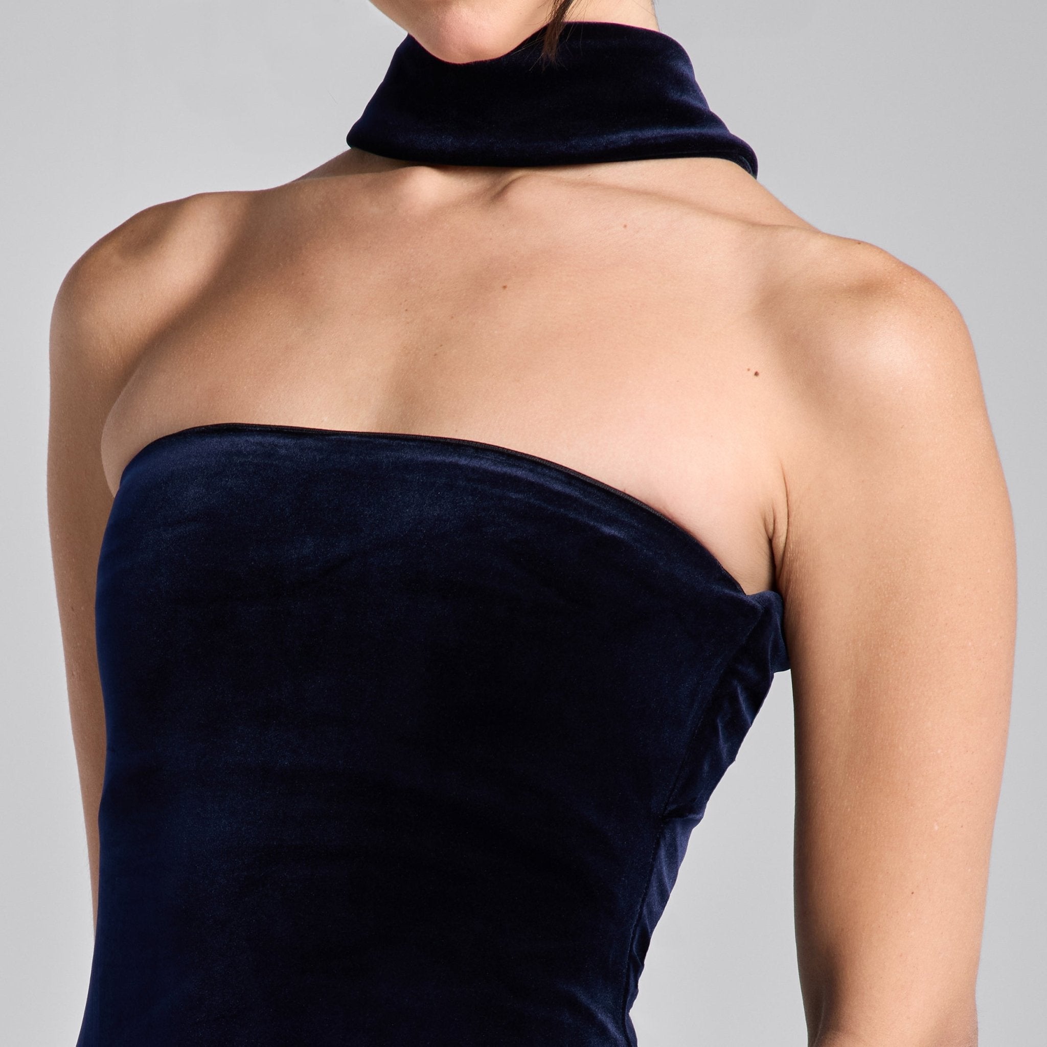 Navy Choker Neck Velvet Maxi Dress - shopaleena