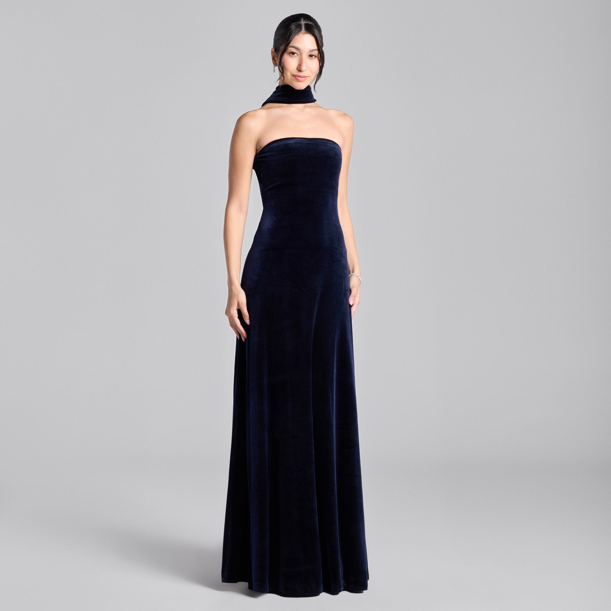 Navy Choker Neck Velvet Maxi Dress - shopaleena