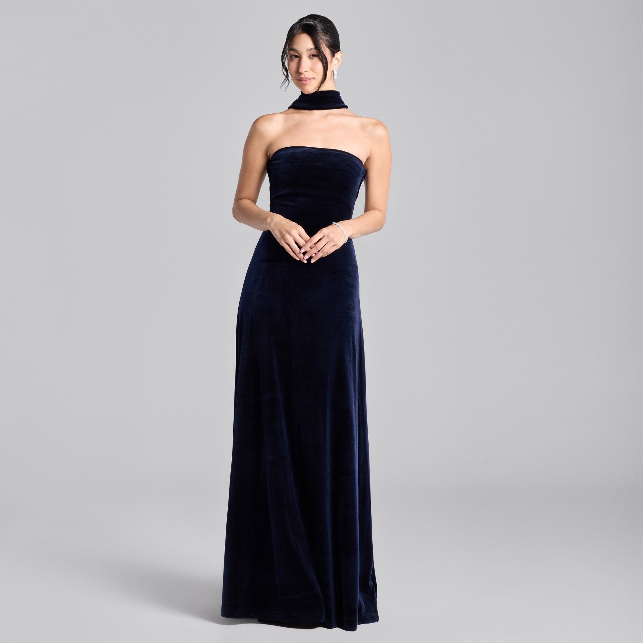 Navy Choker Neck Velvet Maxi Dress - shopaleena
