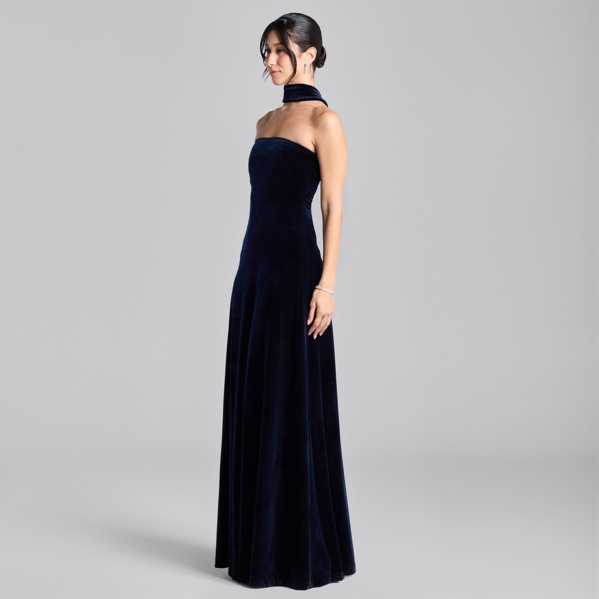 Navy Choker Neck Velvet Maxi Dress - shopaleena