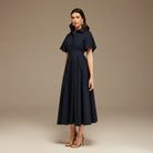 Navy Collard Cotton Long Aline Dress - shopaleena