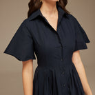 Navy Collard Cotton Long Aline Dress - shopaleena