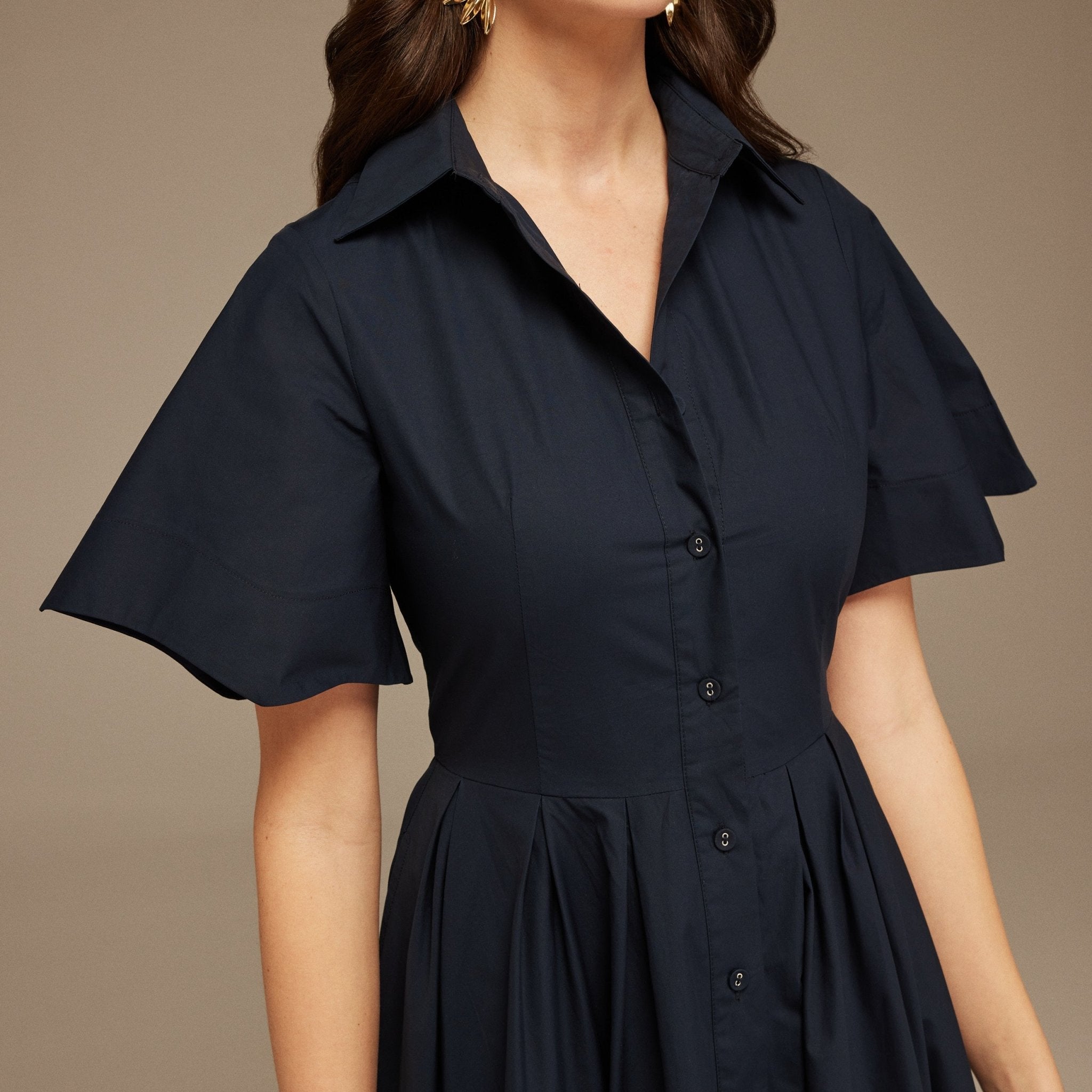 Navy Collard Cotton Long Aline Dress - shopaleena