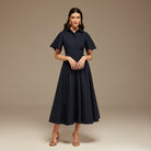 Navy Collard Cotton Long Aline Dress - shopaleena