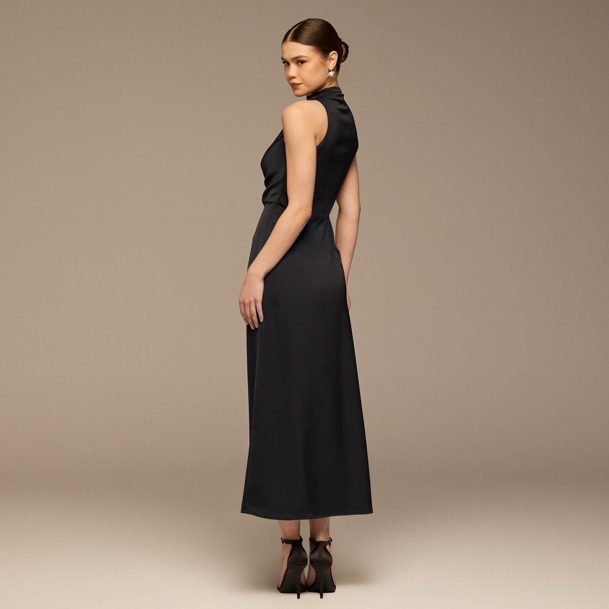 Navy Crepe Satin Draped Maxi Dress - shopaleena