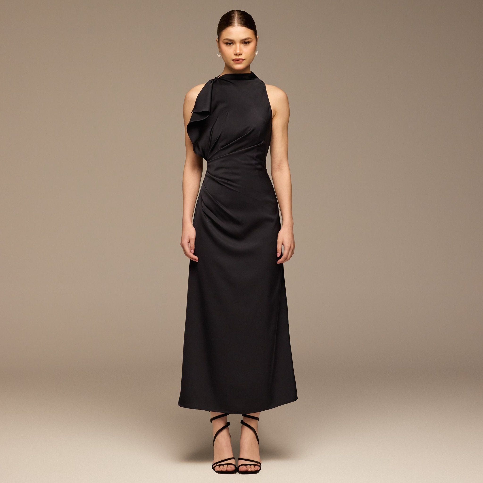 Navy Crepe Satin Draped Maxi Dress - shopaleena