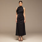 Navy Crepe Satin Draped Maxi Dress - shopaleena